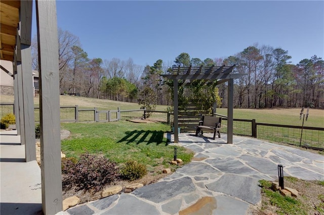 view of community with a lawn, a pergola, and fence