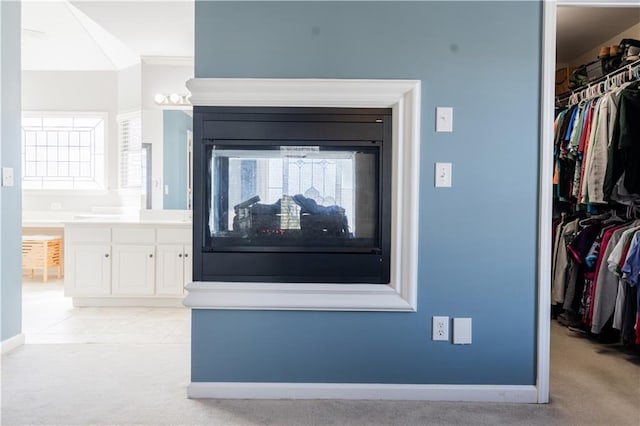 details with crown molding and carpet