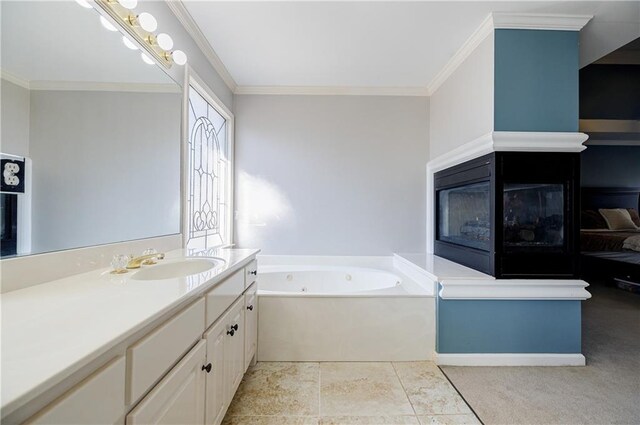 bathroom with a bath, crown molding, and vanity