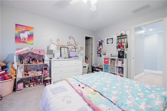 bedroom featuring ceiling fan and light carpet