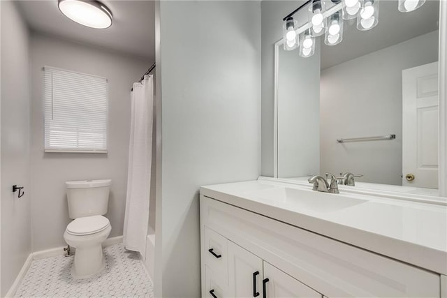 full bathroom with tile patterned flooring, vanity, shower / bath combo, and toilet