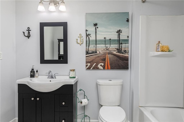 full bathroom with toilet, vanity, and a water view