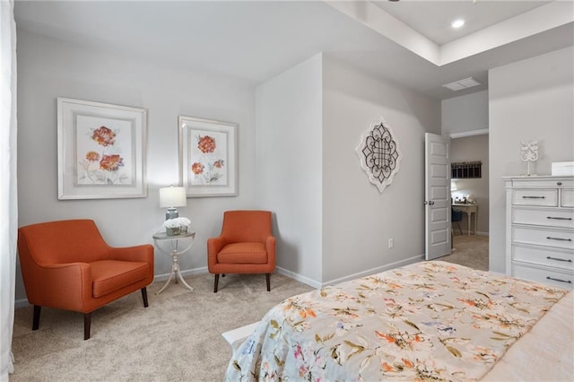 bedroom featuring light colored carpet