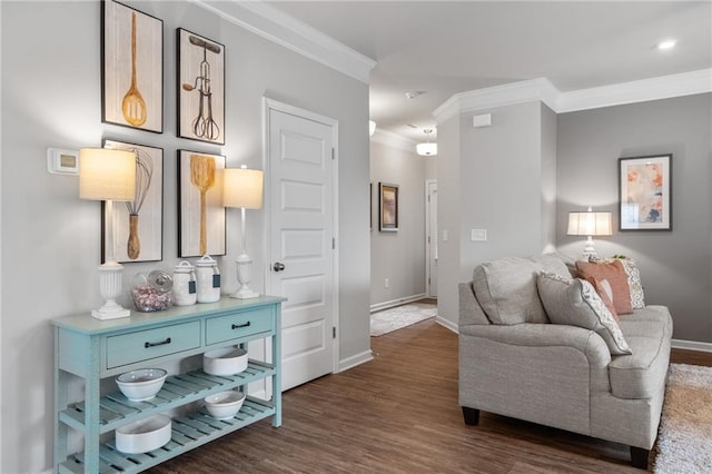 interior space with ornamental molding and dark hardwood / wood-style floors