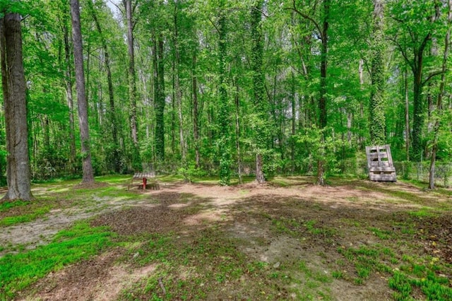 view of yard featuring a wooded view