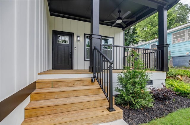 115 Dahlia Ave NW, Atlanta, GA 30314 - doorway to property with ceiling fan, board and batten siding, and covered porch