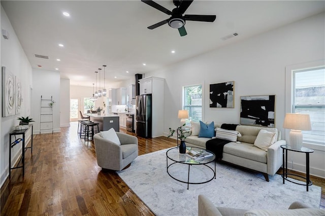 115 Dahlia Ave NW, Atlanta, GA 30314 - living area featuring a ceiling fan, dark wood-type flooring, and recessed lighting