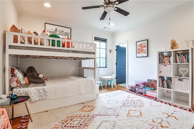 bedroom with ornamental molding, recessed lighting, ceiling fan, and visible vents