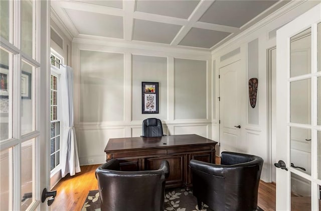 5173 Brendlynn Dr, Suwanee, GA 30024 - home office featuring a decorative wall, french doors, coffered ceiling, light wood finished floors, and ornamental molding