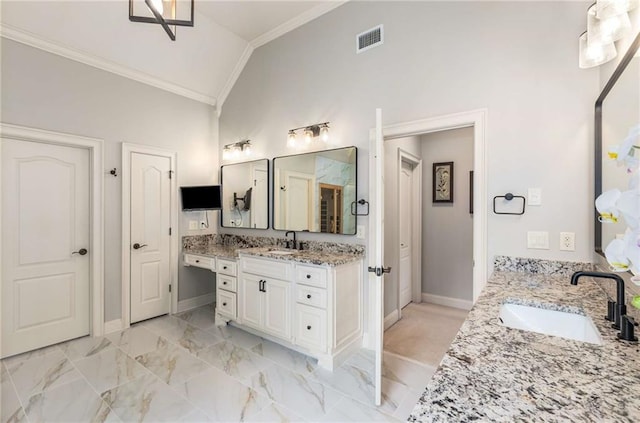 5173 Brendlynn Dr, Suwanee, GA 30024 - full bath with crown molding, two vanities, baseboards, and high vaulted ceiling