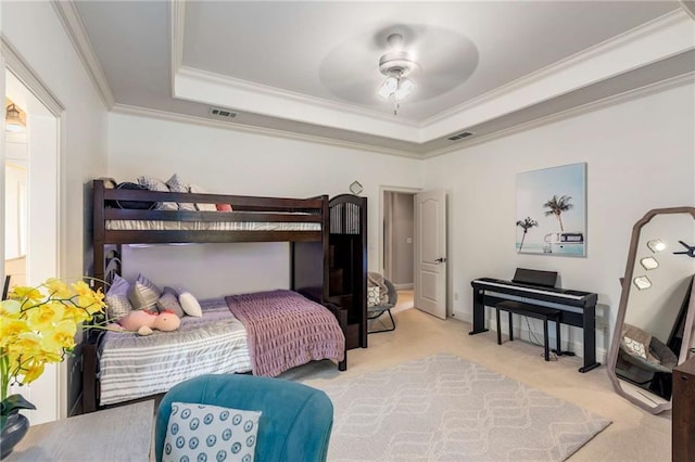 5173 Brendlynn Dr, Suwanee, GA 30024 - carpeted bedroom with crown molding, a tray ceiling, and ceiling fan