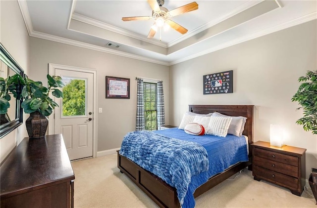 5173 Brendlynn Dr, Suwanee, GA 30024 - bedroom featuring light colored carpet, a tray ceiling, crown molding, ceiling fan, and baseboards