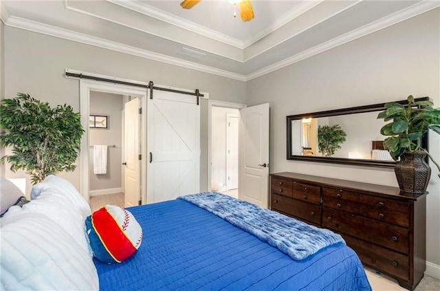 5173 Brendlynn Dr, Suwanee, GA 30024 - bedroom with a raised ceiling, a barn door, baseboards, ornamental molding, and light carpet