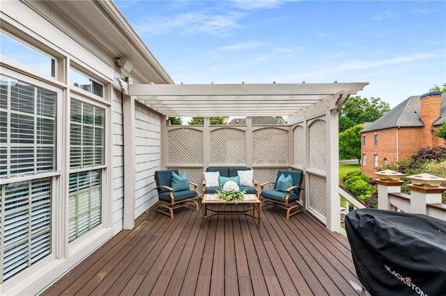 5173 Brendlynn Dr, Suwanee, GA 30024 - wooden terrace featuring an outdoor living space, a pergola, and a grill