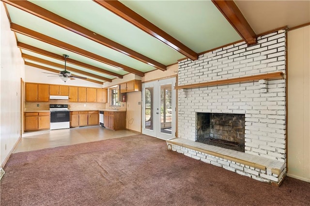 unfurnished living room with light colored carpet, lofted ceiling with beams, ceiling fan, french doors, and a fireplace