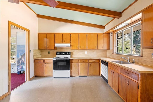 kitchen featuring lofted ceiling with beams, dishwashing machine, white range with electric stovetop, backsplash, and sink