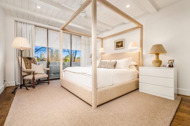 bedroom featuring recessed lighting, wood finished floors, access to exterior, baseboards, and beamed ceiling