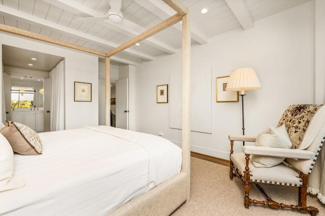 bedroom with recessed lighting, beam ceiling, wooden ceiling, and baseboards