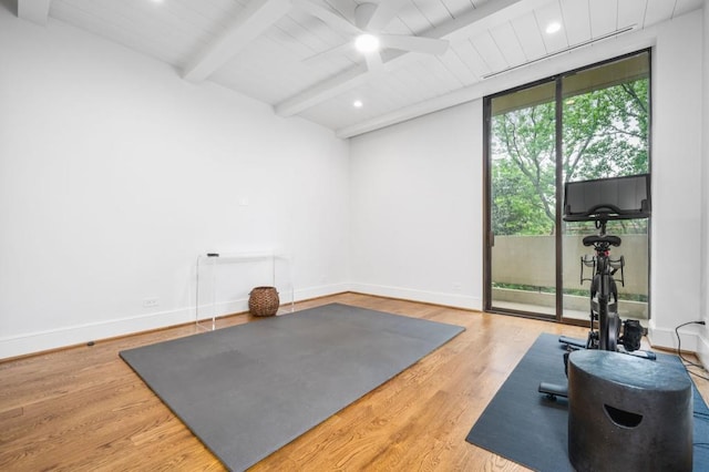 2575 Peachtree Rd NE Unit 8D, Atlanta, GA 30305 - exercise room featuring ceiling fan, wood finished floors, baseboards, recessed lighting, and wooden ceiling