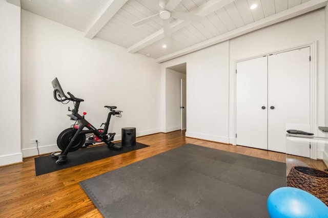 workout room with baseboards, a ceiling fan, wood ceiling, wood finished floors, and recessed lighting