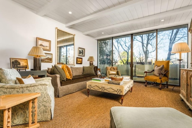 carpeted living room with expansive windows, wooden ceiling, beam ceiling, and recessed lighting