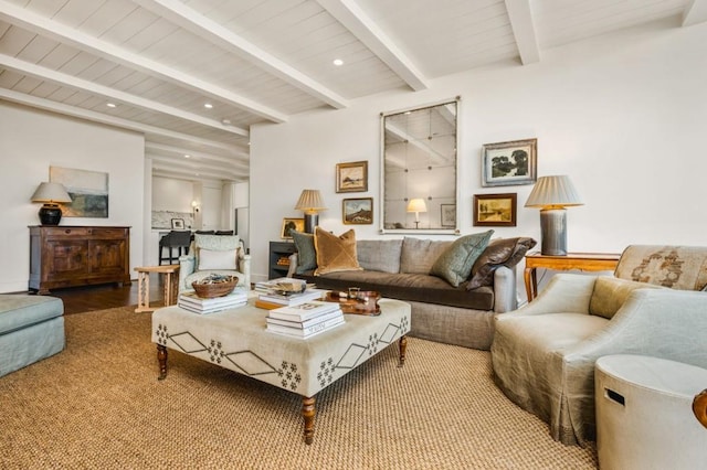 living area with recessed lighting and beamed ceiling