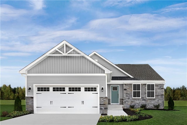 craftsman-style home with driveway, a shingled roof, a front lawn, a garage, and board and batten siding