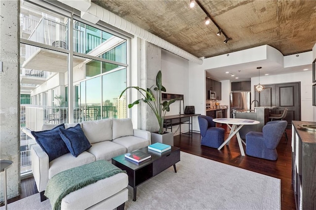 living area featuring expansive windows, dark wood-style flooring, a healthy amount of sunlight, and track lighting