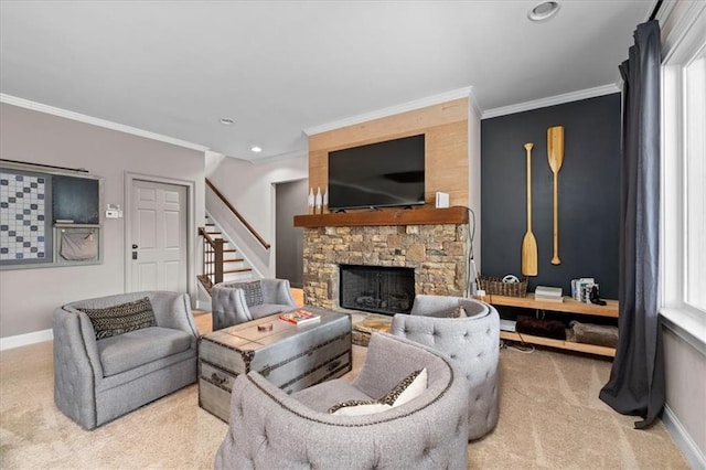 carpeted living room with crown molding, a stone fireplace, and a wealth of natural light