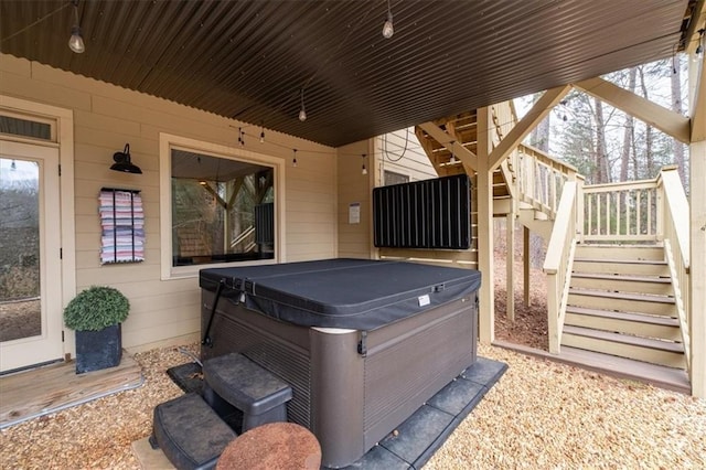 view of patio featuring a hot tub