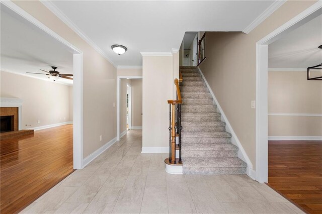 staircase featuring crown molding, hardwood / wood-style floors, and ceiling fan