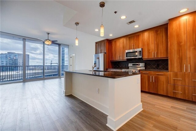 kitchen with ceiling fan, light wood-type flooring, a wall of windows, a center island with sink, and appliances with stainless steel finishes