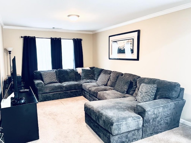 carpeted living room featuring crown molding