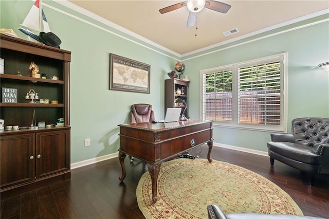 5285 Winflow Way, Suwanee, GA 30024 - office area with a ceiling fan, ornamental molding, dark wood finished floors, and baseboards