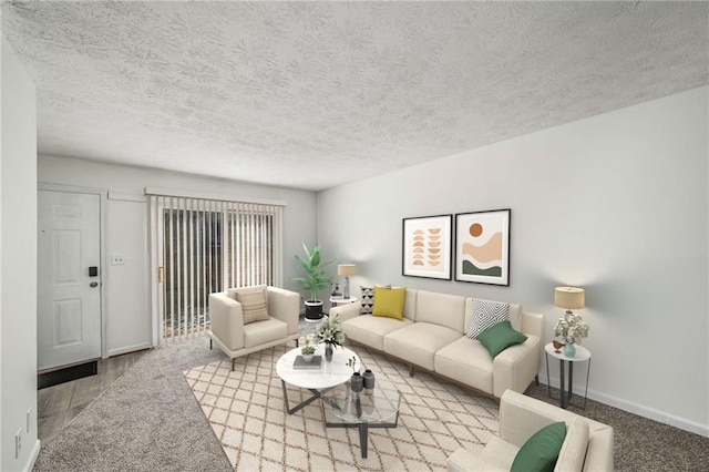living room featuring baseboards and a textured ceiling