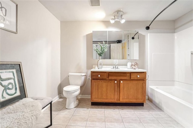 bathroom with toilet, vanity, visible vents, shower / bathing tub combination, and tile patterned floors