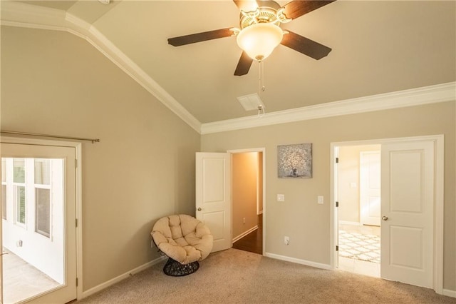 unfurnished room featuring ornamental molding, lofted ceiling, carpet floors, and ceiling fan