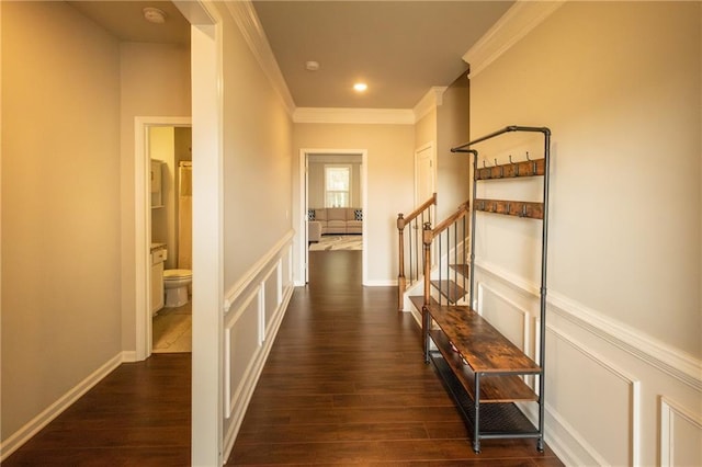 corridor with crown molding and dark hardwood / wood-style floors