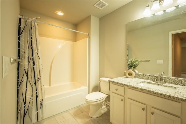 full bathroom featuring shower / bath combo, vanity, and toilet