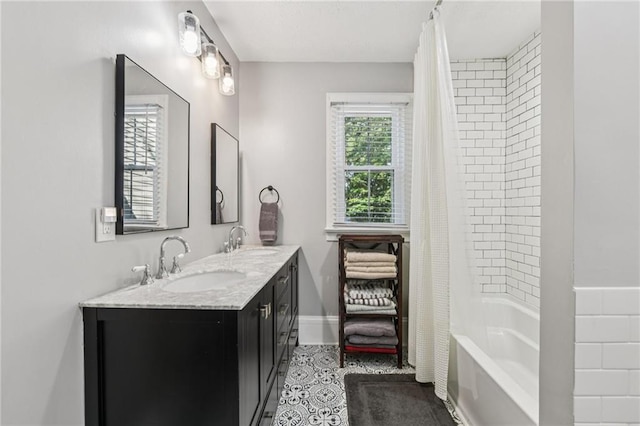 207 E Hightower Trl E, Social Circle, GA 30025 - bathroom featuring double vanity and shower / bathtub combination with curtain