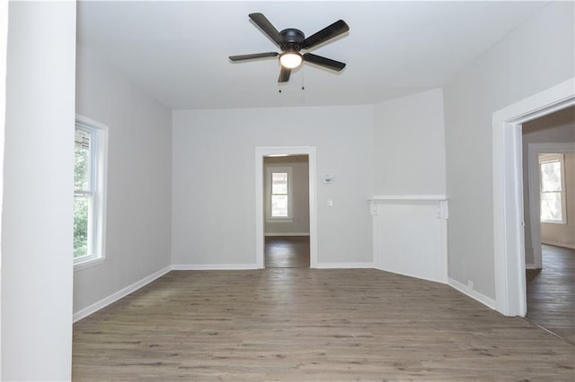 spare room featuring a wealth of natural light, wood-type flooring, and ceiling fan