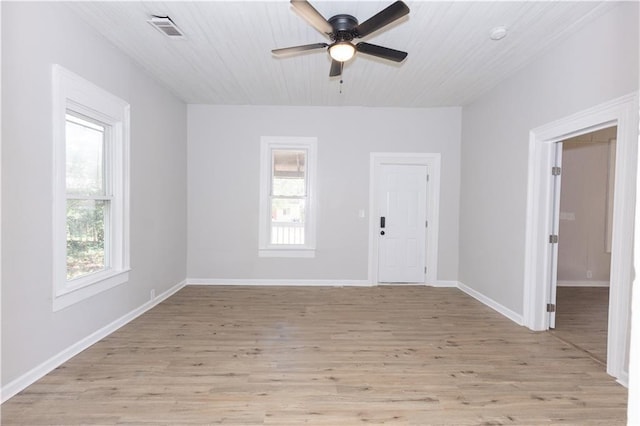 spare room with wood ceiling, ceiling fan, light hardwood / wood-style floors, and a wealth of natural light