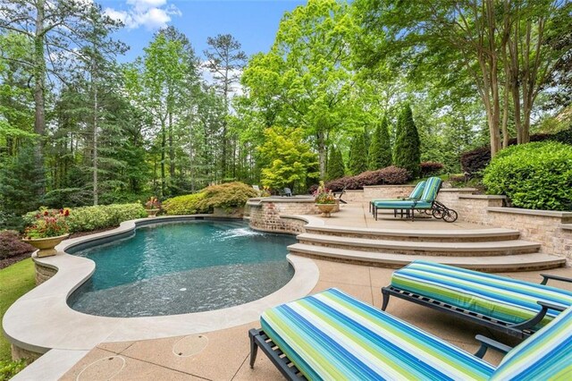 view of pool with pool water feature and a patio