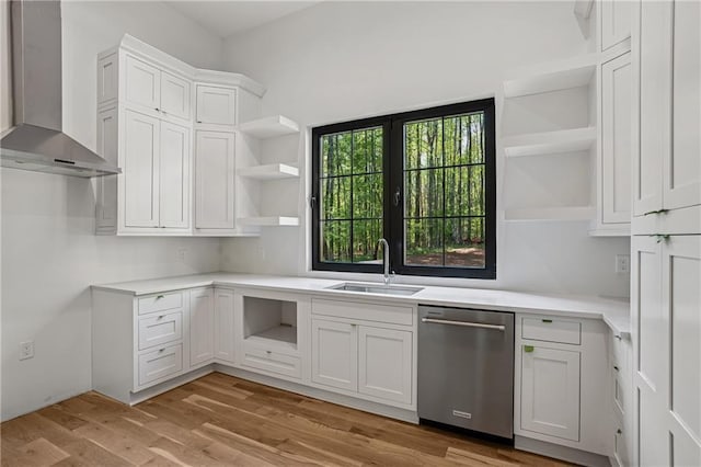 4235 Drew Campground Rd, Alpharetta, GA 30004 - kitchen with open shelves, stainless steel dishwasher, wall chimney range hood, a sink, and white cabinets