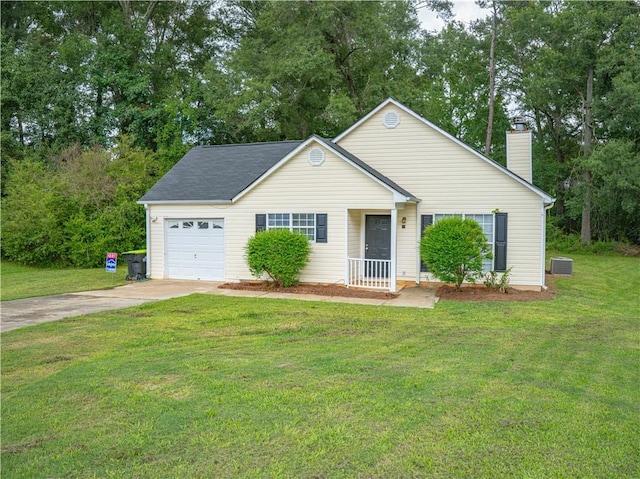 single story home with a garage, concrete driveway, a front lawn, and a chimney