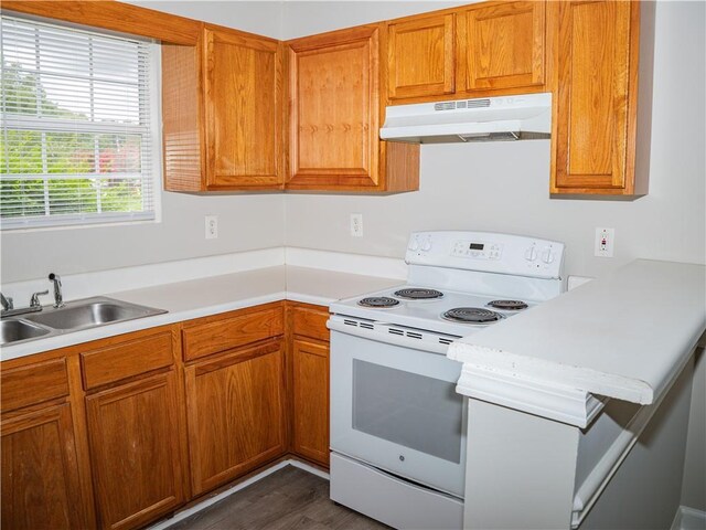 kitchen with brown cabinetry, electric stove, light countertops, under cabinet range hood, and a sink