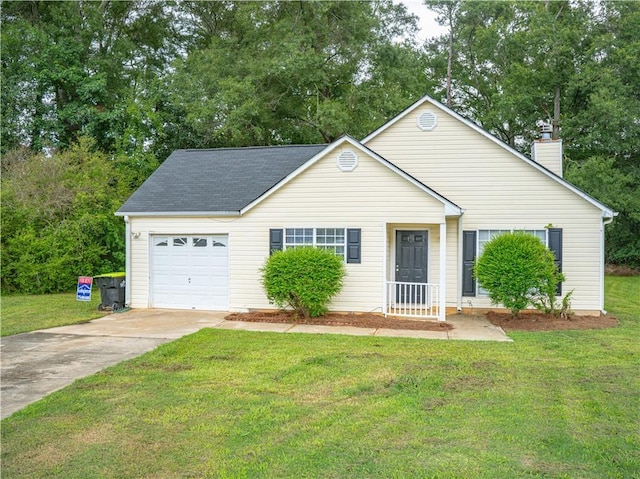 ranch-style home with a garage, driveway, a front lawn, and a chimney