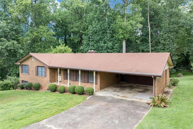 3740 Windy Hill Cir, Gainesville, GA 30504 - ranch-style home with concrete driveway, a front lawn, a carport, brick siding, and a porch