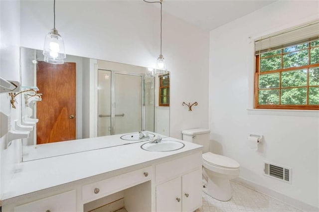 3740 Windy Hill Cir, Gainesville, GA 30504 - bathroom featuring vanity, a stall shower, toilet, and baseboards
