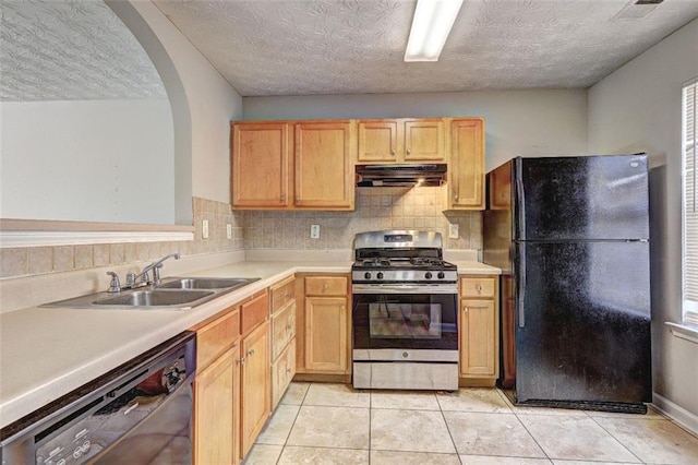 3216 Panthers Trce, Decatur, GA 30034 - kitchen featuring a sink, ventilation hood, light countertops, light tile patterned floors, and black appliances